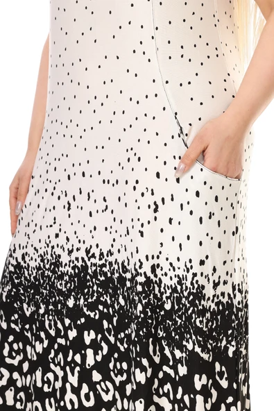 Melsay Butik Krem Puanlı Eteği Leopar Desen Kuplu Cepli Kısa Kol Kadın Midi Elbise - 5