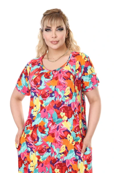 Melsay Butik Sarı Gül Desen Kuplu Cepli Kısa Kol Kadın Midi Elbise - Resim 5