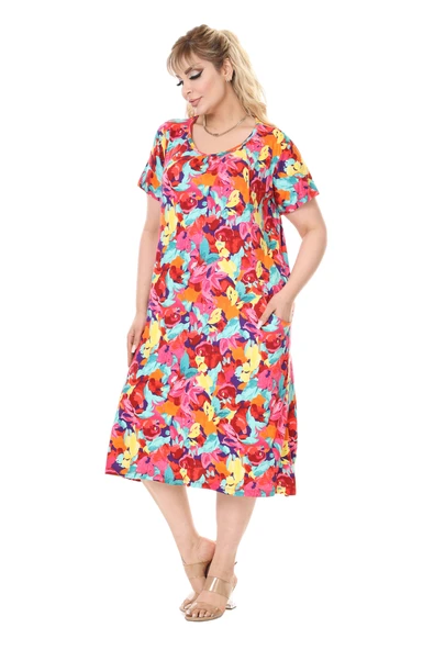 Melsay Butik Sarı Gül Desen Kuplu Cepli Kısa Kol Kadın Midi Elbise - Resim 4