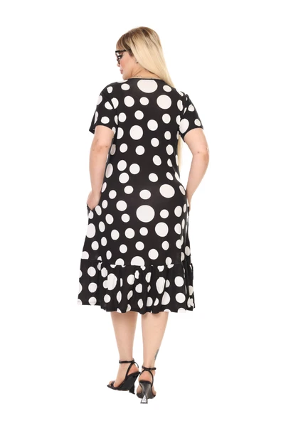 Melsay Butik Göğüsten Robalı V Yaka Kısa Kollu Beyaz Puantiye Desenli Cepli Elbise - Resim 6