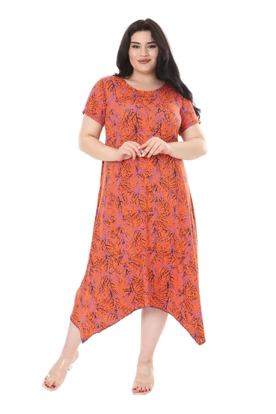 Melsay Butik Turuncu İnce Mercan Desen Asimetrik Kısa Kollu Elbise - 3