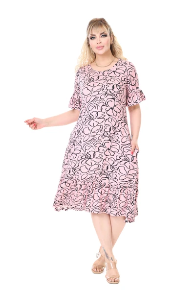 Melsay Butik Kadın Büyük Beden İnci Pembesi Çiçek Desen Cepli Elbise