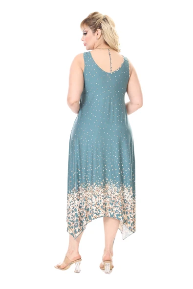 Melsay Butik Askılı V Yaka Yeşil Puanlı Eteği Leopar Desen Elbise - Resim 6