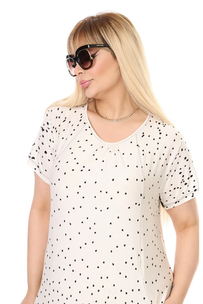 Melsay Butik Krem Puanlı Eteği Leopar Desen Kuplu Cepli Kısa Kol Kadın Midi Elbise - 4