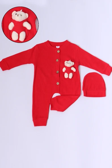 BEBEK TULUM ŞAPKA HEDİYELİ DÜĞMELİ AYICIK DETAYLI C32 - 2