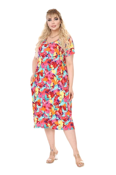 Melsay Butik Sarı Gül Desen Kuplu Cepli Kısa Kol Kadın Midi Elbise - Resim 3