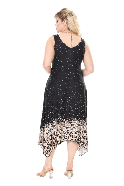 Melsay Butik Askılı V Yaka Siyah Puanlı Eteği Leopar Desen Elbise - 6