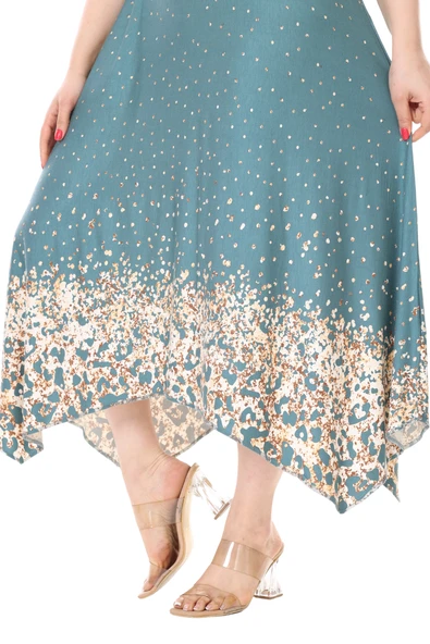 Melsay Butik Askılı V Yaka Yeşil Puanlı Eteği Leopar Desen Elbise - Resim 5