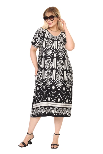 Melsay Butik Beyaz Retro Desen Kuplu Cepli Kısa Kol Kadın Midi Elbise ürün görseli