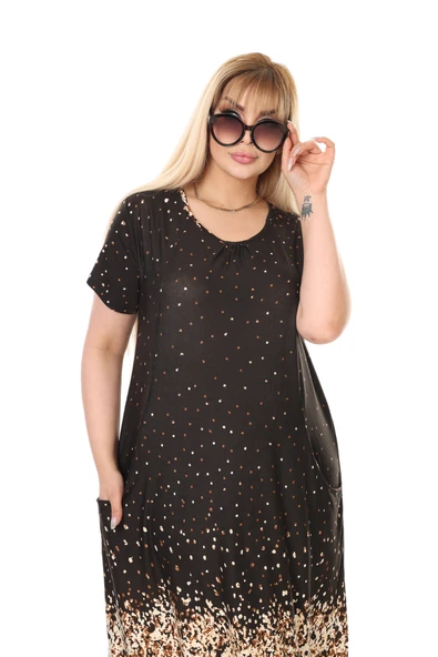 Melsay Butik Siyah Puanlı Eteği Leopar Desen Kuplu Cepli Kısa Kol Kadın Midi Elbise - 5