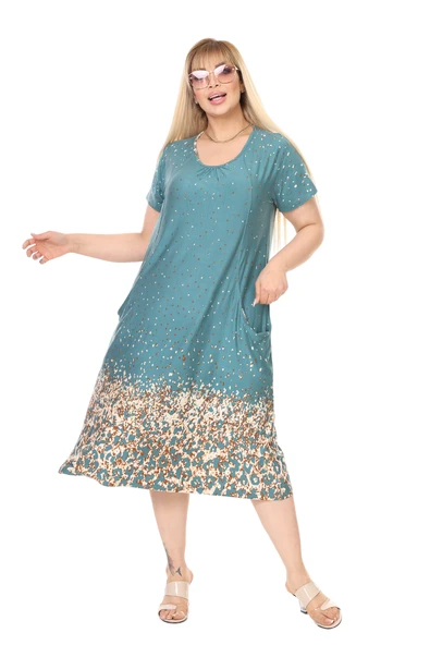 Melsay Butik Yeşil Puanlı Eteği Leopar Desen Kuplu Cepli Kısa Kol Kadın Midi Elbise - 1