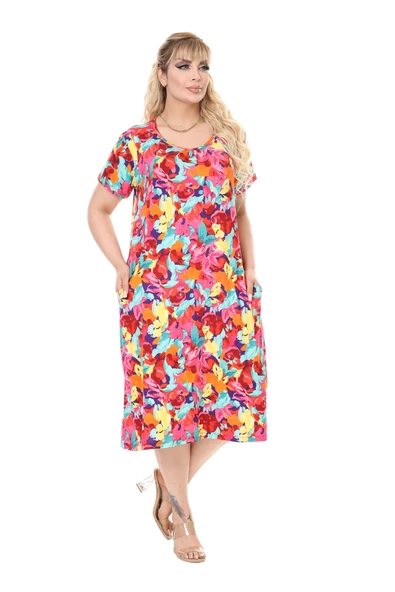 Melsay Butik Sarı Gül Desen Kuplu Cepli Kısa Kol Kadın Midi Elbise - Resim 2