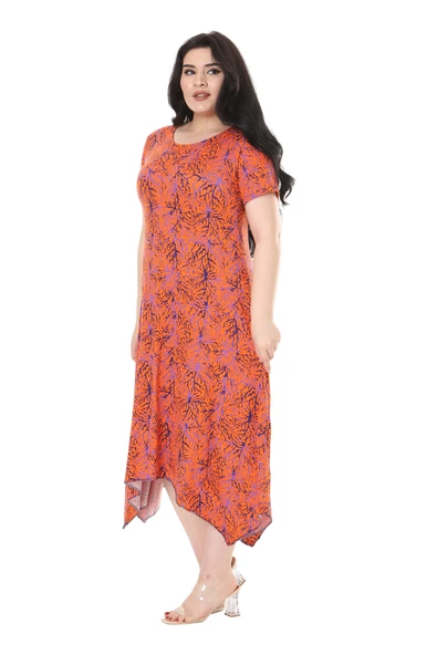 Melsay Butik Turuncu İnce Mercan Desen Asimetrik Kısa Kollu Elbise - 2