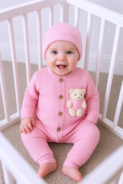 BEBEK TULUM ŞAPKA HEDİYELİ DÜĞMELİ AYICIK DETAYLI C32 - 6