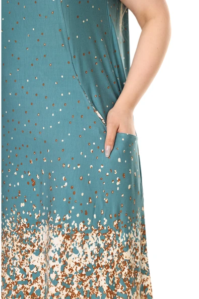 Melsay Butik Yeşil Puanlı Eteği Leopar Desen Kuplu Cepli Kısa Kol Kadın Midi Elbise - 6