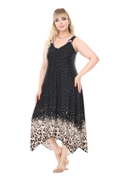 Melsay Butik Askılı V Yaka Siyah Puanlı Eteği Leopar Desen Elbise