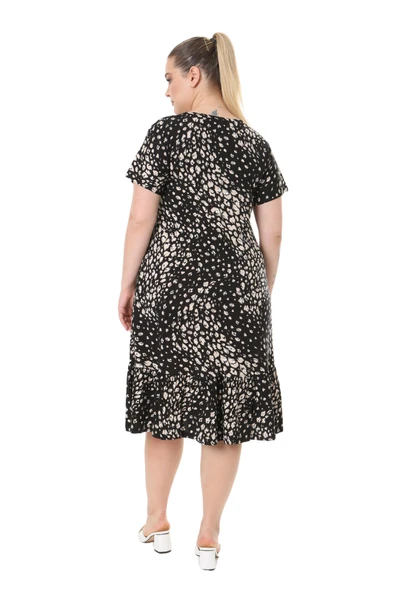 Melsay Butik Siyah Göğüsten Robalı V Yaka Kısa Kollu Çakıltaşı Desen Cepli Elbise - Resim 6