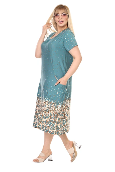 Melsay Butik Yeşil Puanlı Eteği Leopar Desen Kuplu Cepli Kısa Kol Kadın Midi Elbise - 4