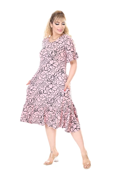 Melsay Butik Kadın Büyük Beden İnci Pembesi Çiçek Desen Cepli Elbise - 3