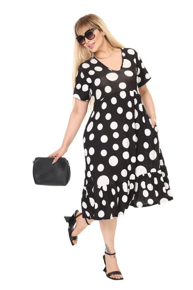 Melsay Butik Göğüsten Robalı V Yaka Kısa Kollu Beyaz Puantiye Desenli Cepli Elbise - Resim 4