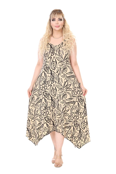 Melsay Butik Askılı V Yaka Bej Yaprak Desen Elbise - 2