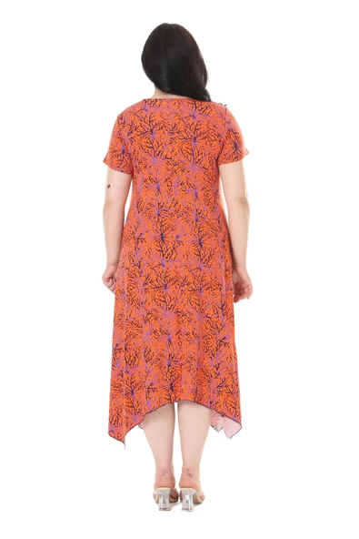 Melsay Butik Turuncu İnce Mercan Desen Asimetrik Kısa Kollu Elbise - 6