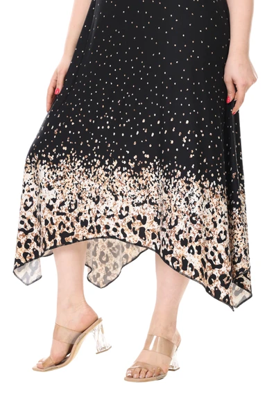 Melsay Butik Askılı V Yaka Siyah Puanlı Eteği Leopar Desen Elbise - 5