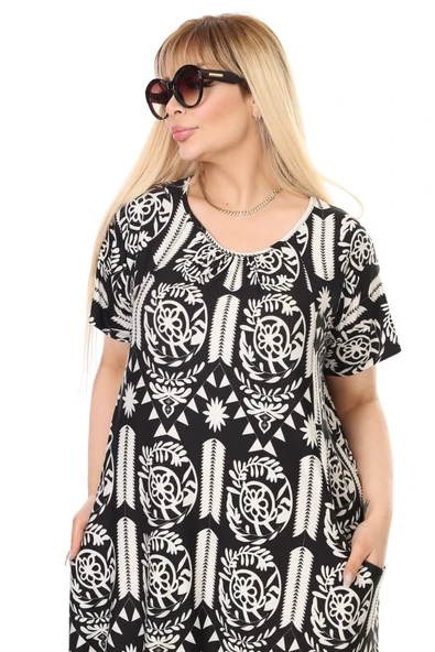 Melsay Butik Beyaz Retro Desen Kuplu Cepli Kısa Kol Kadın Midi Elbise - Resim 4