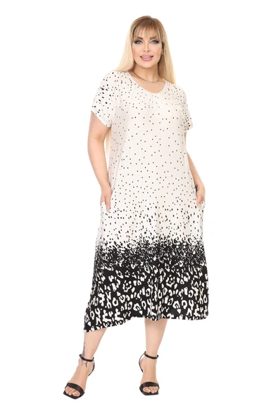 Melsay Butik Krem Puanlı Eteği Leopar Desen Kuplu Cepli Kısa Kol Kadın Midi Elbise