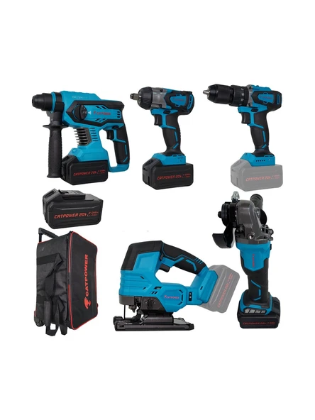 Catpower 4150 Kömürsüz 20V 4.0Ah Li-ion 3 Akülü 5'li Set - Darbeli Vidalama - Kırıcı Delici - Avuç Taşlama - Somun Sıkma ve Torklu Vidalama - Dekupaj