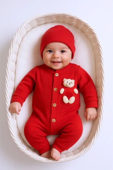 BEBEK TULUM ŞAPKA HEDİYELİ DÜĞMELİ AYICIK DETAYLI C32