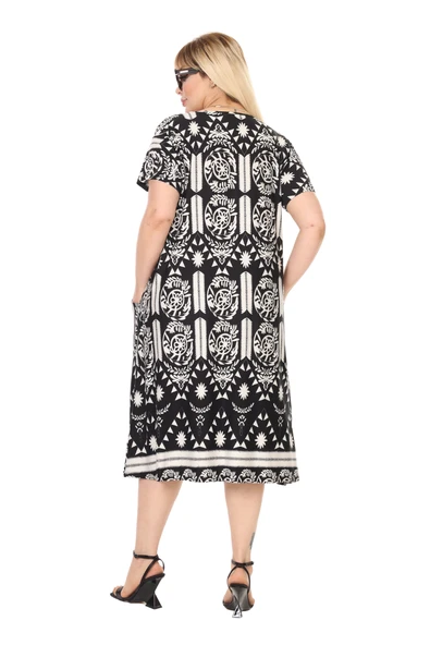 Melsay Butik Beyaz Retro Desen Kuplu Cepli Kısa Kol Kadın Midi Elbise - Resim 6