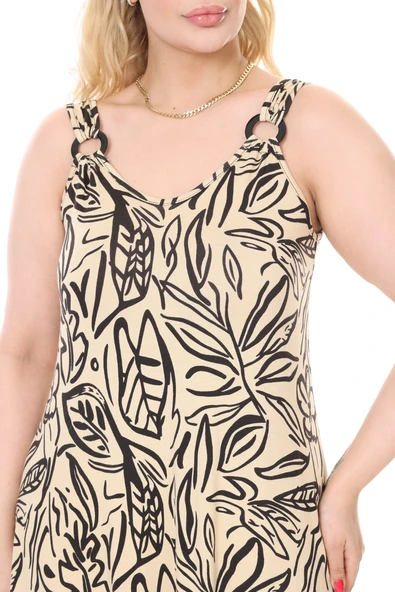 Melsay Butik Askılı V Yaka Bej Yaprak Desen Elbise - 5