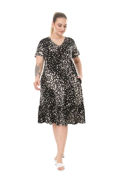 Melsay Butik Siyah Göğüsten Robalı V Yaka Kısa Kollu Çakıltaşı Desen Cepli Elbise - Resim 4