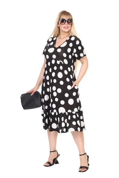 Melsay Butik Göğüsten Robalı V Yaka Kısa Kollu Beyaz Puantiye Desenli Cepli Elbise - Resim 3