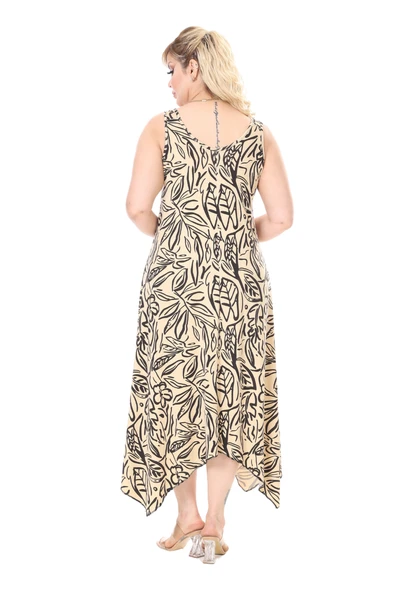 Melsay Butik Askılı V Yaka Bej Yaprak Desen Elbise - 6