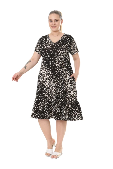 Melsay Butik Siyah Göğüsten Robalı V Yaka Kısa Kollu Çakıltaşı Desen Cepli Elbise ürün görseli 1