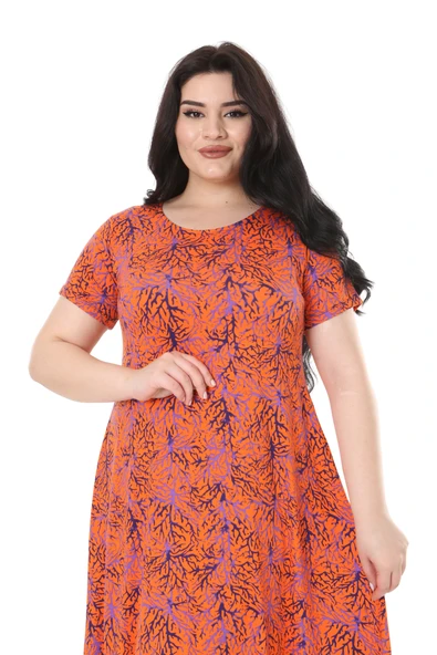 Melsay Butik Turuncu İnce Mercan Desen Asimetrik Kısa Kollu Elbise - 4