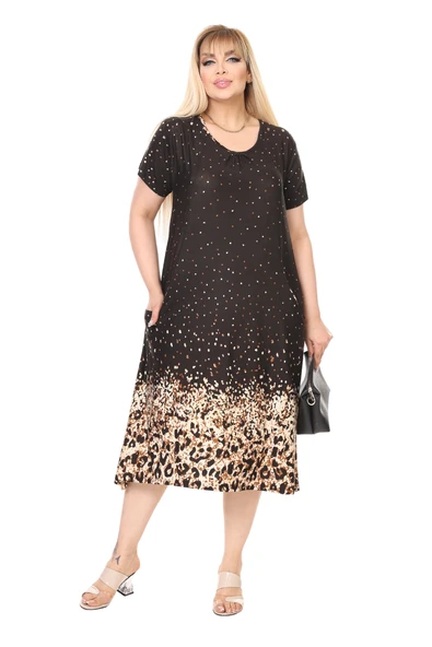 Melsay Butik Siyah Puanlı Eteği Leopar Desen Kuplu Cepli Kısa Kol Kadın Midi Elbise - 3
