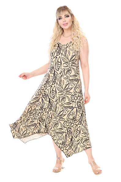 Melsay Butik Askılı V Yaka Bej Yaprak Desen Elbise