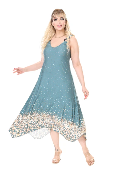 Melsay Butik Askılı V Yaka Yeşil Puanlı Eteği Leopar Desen Elbise ürün görseli