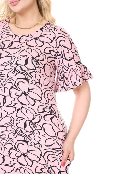 Melsay Butik Kadın Büyük Beden İnci Pembesi Çiçek Desen Cepli Elbise - 6