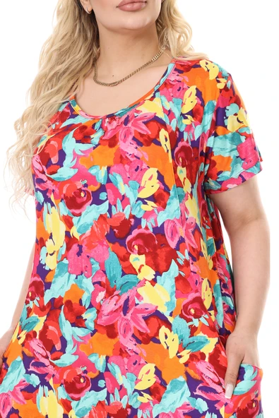 Melsay Butik Sarı Gül Desen Kuplu Cepli Kısa Kol Kadın Midi Elbise - Resim 6