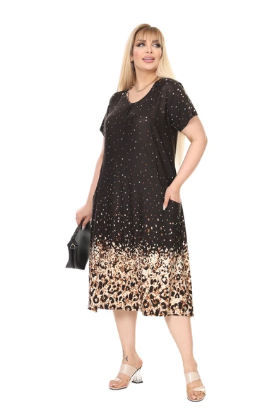 Melsay Butik Siyah Puanlı Eteği Leopar Desen Kuplu Cepli Kısa Kol Kadın Midi Elbise - 2