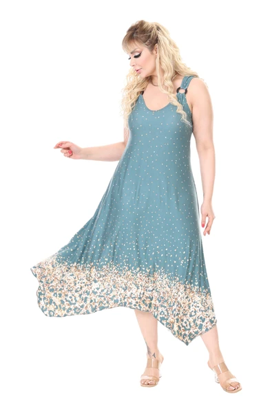 Melsay Butik Askılı V Yaka Yeşil Puanlı Eteği Leopar Desen Elbise - Resim 3