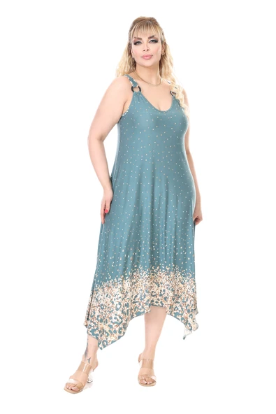 Melsay Butik Askılı V Yaka Yeşil Puanlı Eteği Leopar Desen Elbise - Resim 2