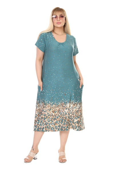 Melsay Butik Yeşil Puanlı Eteği Leopar Desen Kuplu Cepli Kısa Kol Kadın Midi Elbise - 3