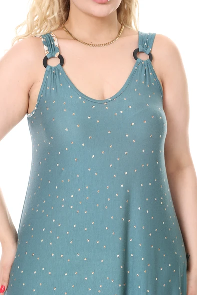 Melsay Butik Askılı V Yaka Yeşil Puanlı Eteği Leopar Desen Elbise - Resim 4