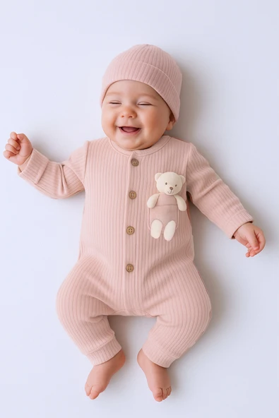 BEBEK TULUM ŞAPKA HEDİYELİ DÜĞMELİ AYICIK DETAYLI C32 - 11