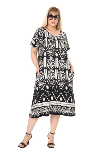 Melsay Butik Beyaz Retro Desen Kuplu Cepli Kısa Kol Kadın Midi Elbise - Resim 2